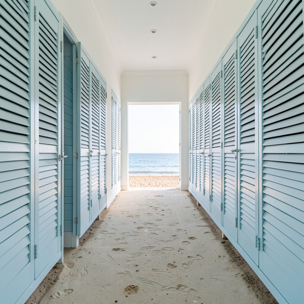 Clean symmetrical coastal hallway with pale blue shutters and a sandy floor, lit by morning light
