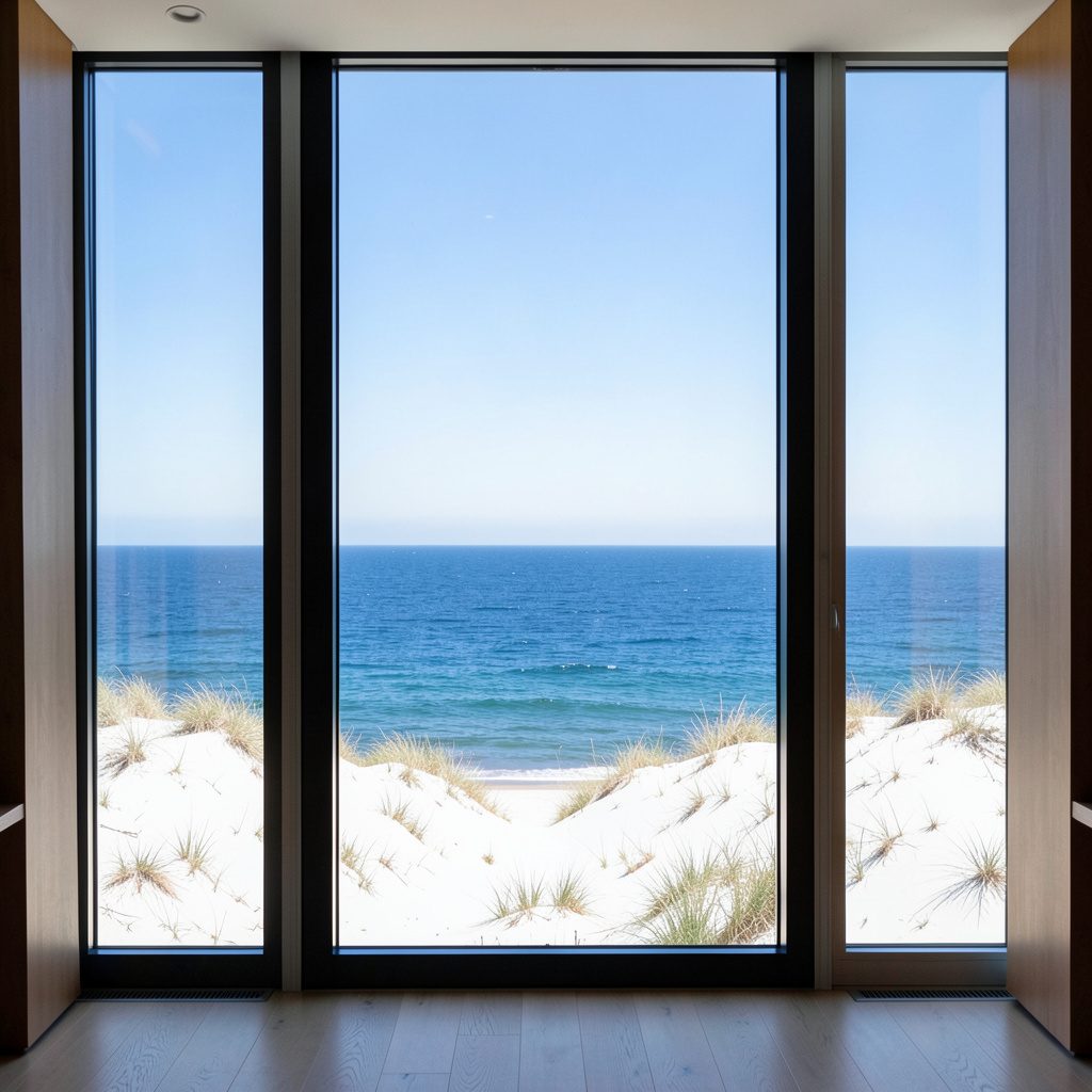Symmetrical coastal window view of blue water and white sand dunes under a clear horizon